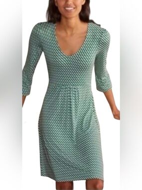 Boden Hattie Jersey Dress Green White V-Neck Size 2 2R Long Sleeves Career Work